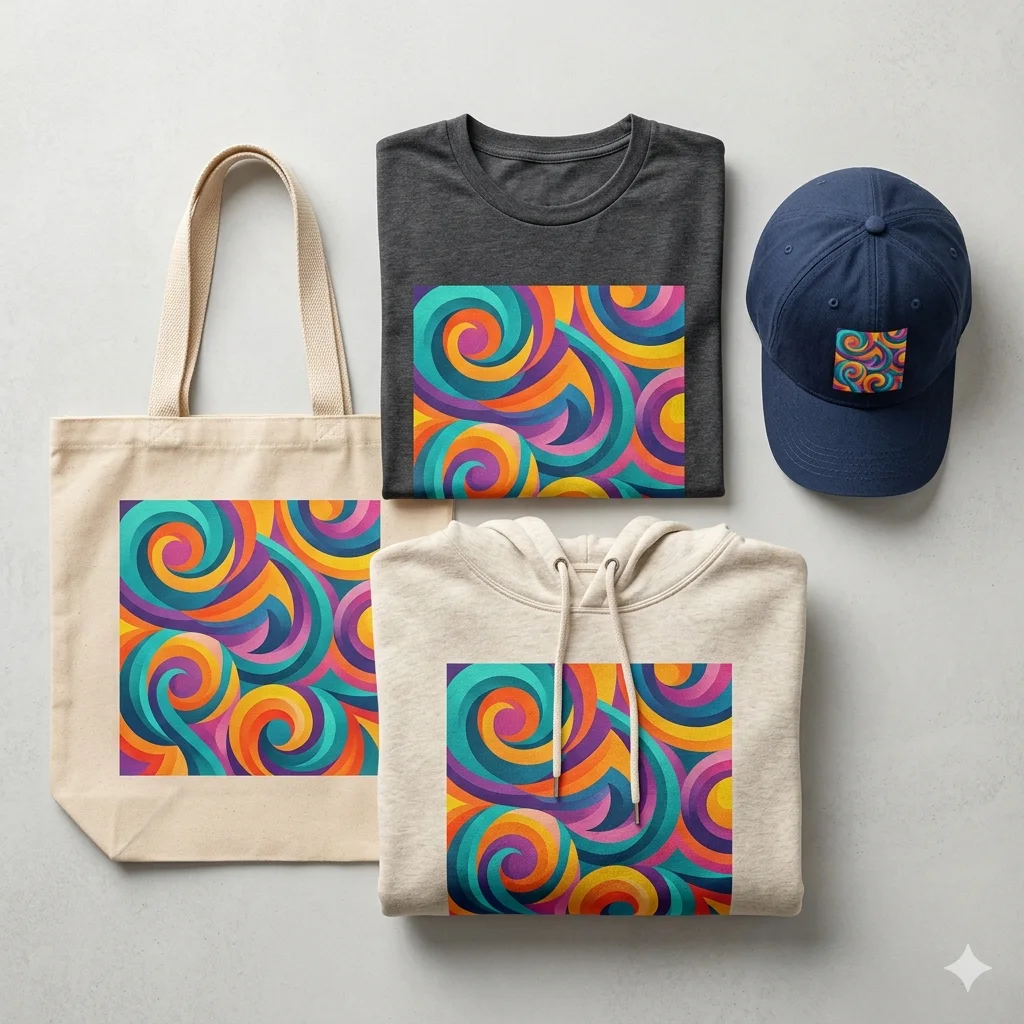 Custom DTF-printed apparel — t-shirt, hoodie, cap and tote bag