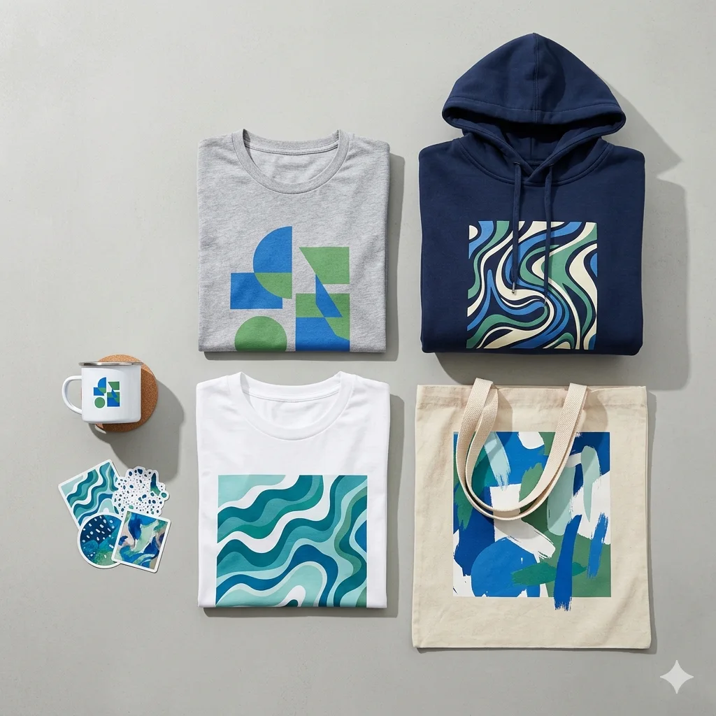 Custom branded merch decorated with DTF — tee, mug, tote and stickers