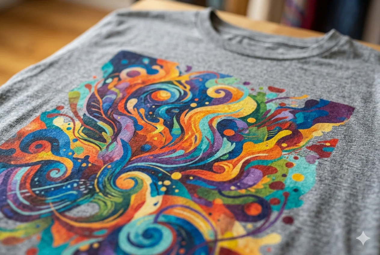Close-up of a vibrant full-color DTF transfer printed on a cotton t-shirt