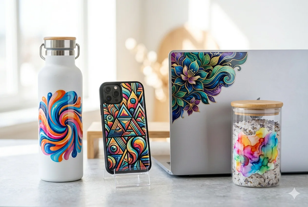 UV DTF decals on a water bottle, phone case, laptop and glass jar