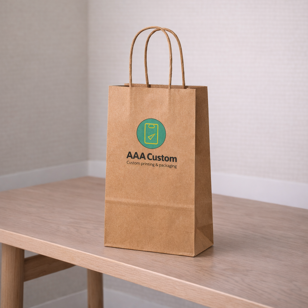 Custom cub kraft paper bags — 8 x 4 1/2 x 10 3/4 in, in use, lifestyle 2