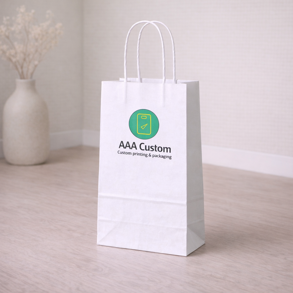 Custom cub white paper bags — 8 x 4 1/2 x 10 3/4 in, in use, lifestyle 3