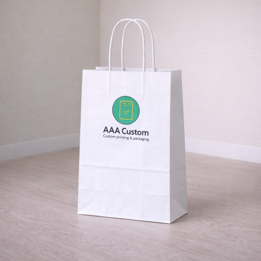 Custom debbie white paper bags — 10 x 6 3/4 x 12 in, in use, lifestyle 1