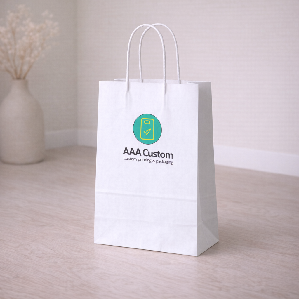 Custom debbie white paper bags — 10 x 6 3/4 x 12 in, in use, lifestyle 3