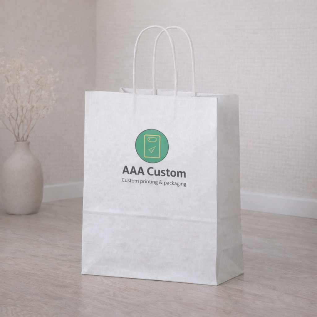 Custom queen white paper bags — 16 x 9 3/4 x 17 1/4 in, in use, lifestyle 2