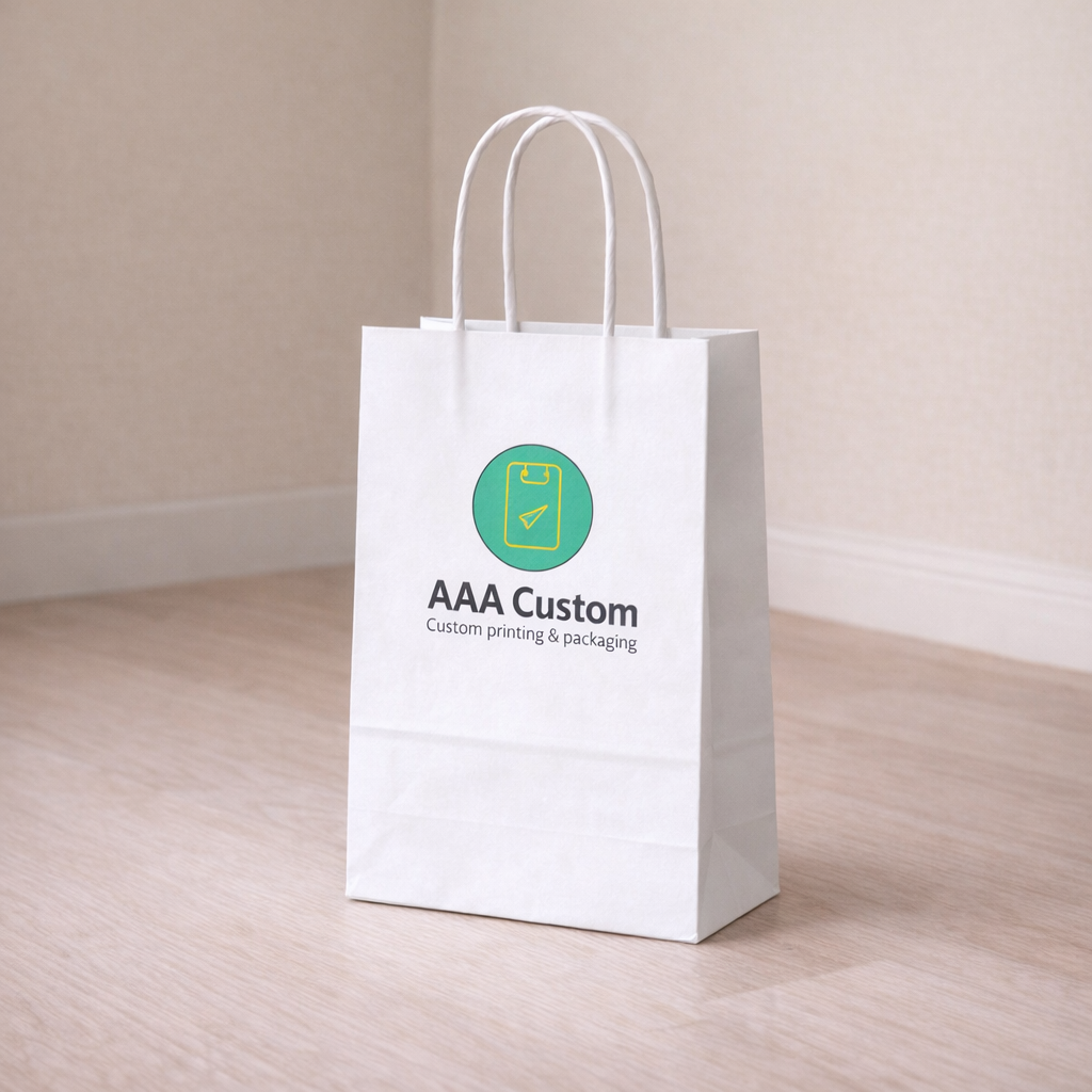 Custom rose white paper bags — 6 1/2 x 3 1/4 x 8 1/4 in, in use, lifestyle 1