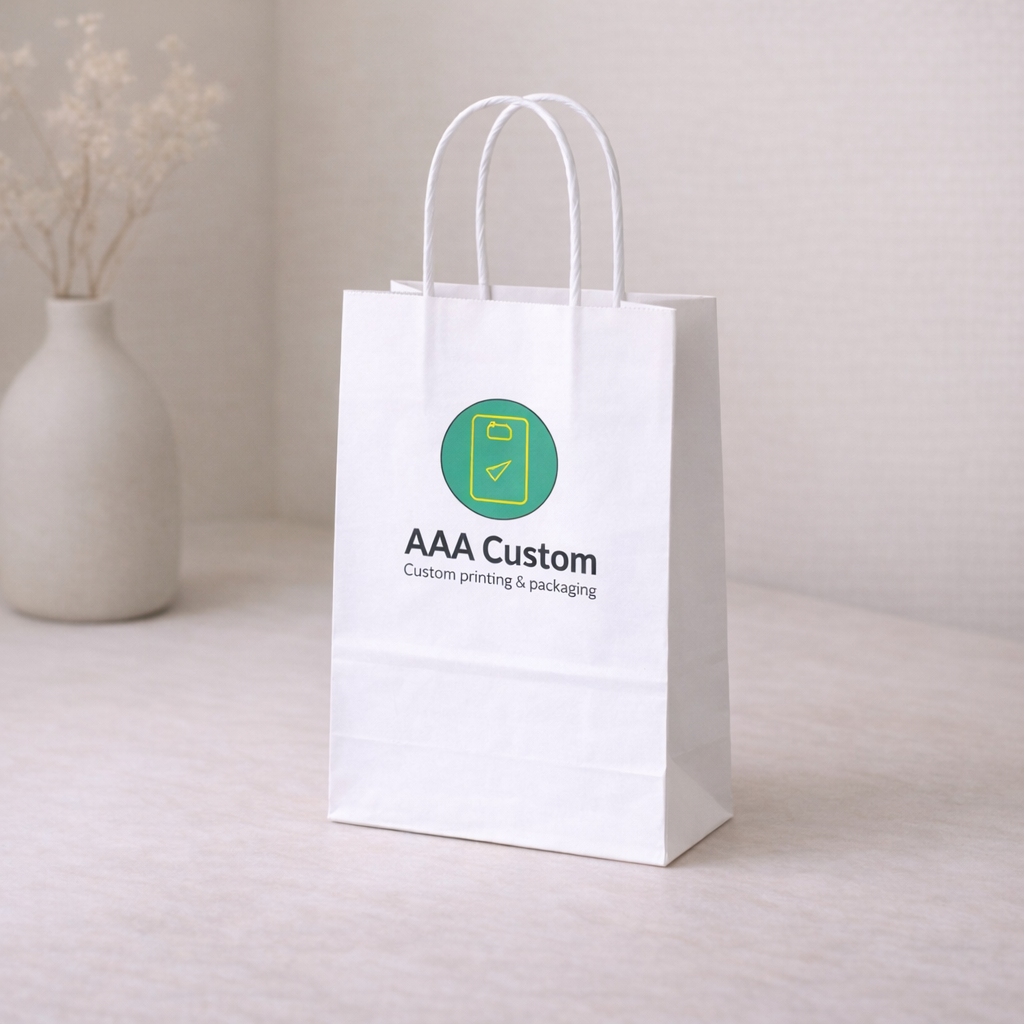 Custom rose white paper bags — 6 1/2 x 3 1/4 x 8 1/4 in, in use, lifestyle 3