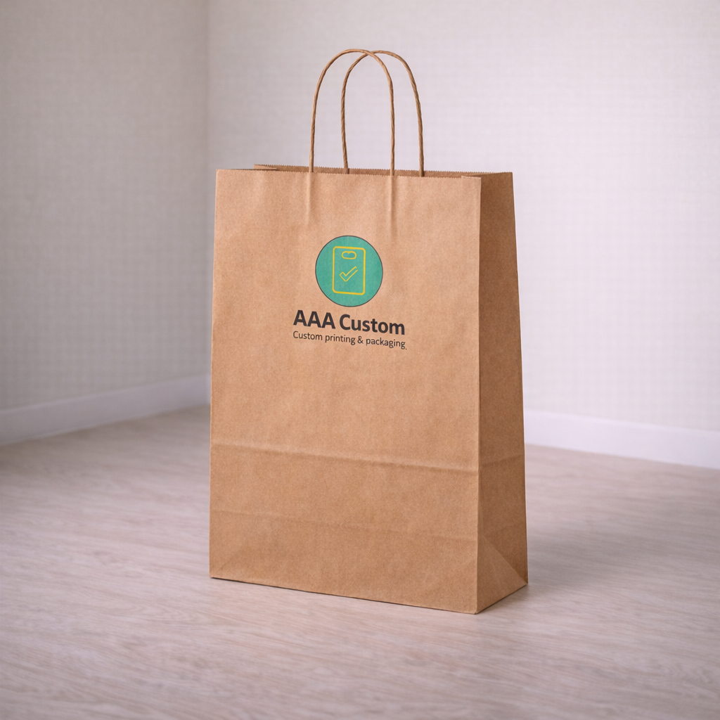 Custom takeout kraft paper bags — 14 x 10 x 15 3/4 in, in use, lifestyle 1