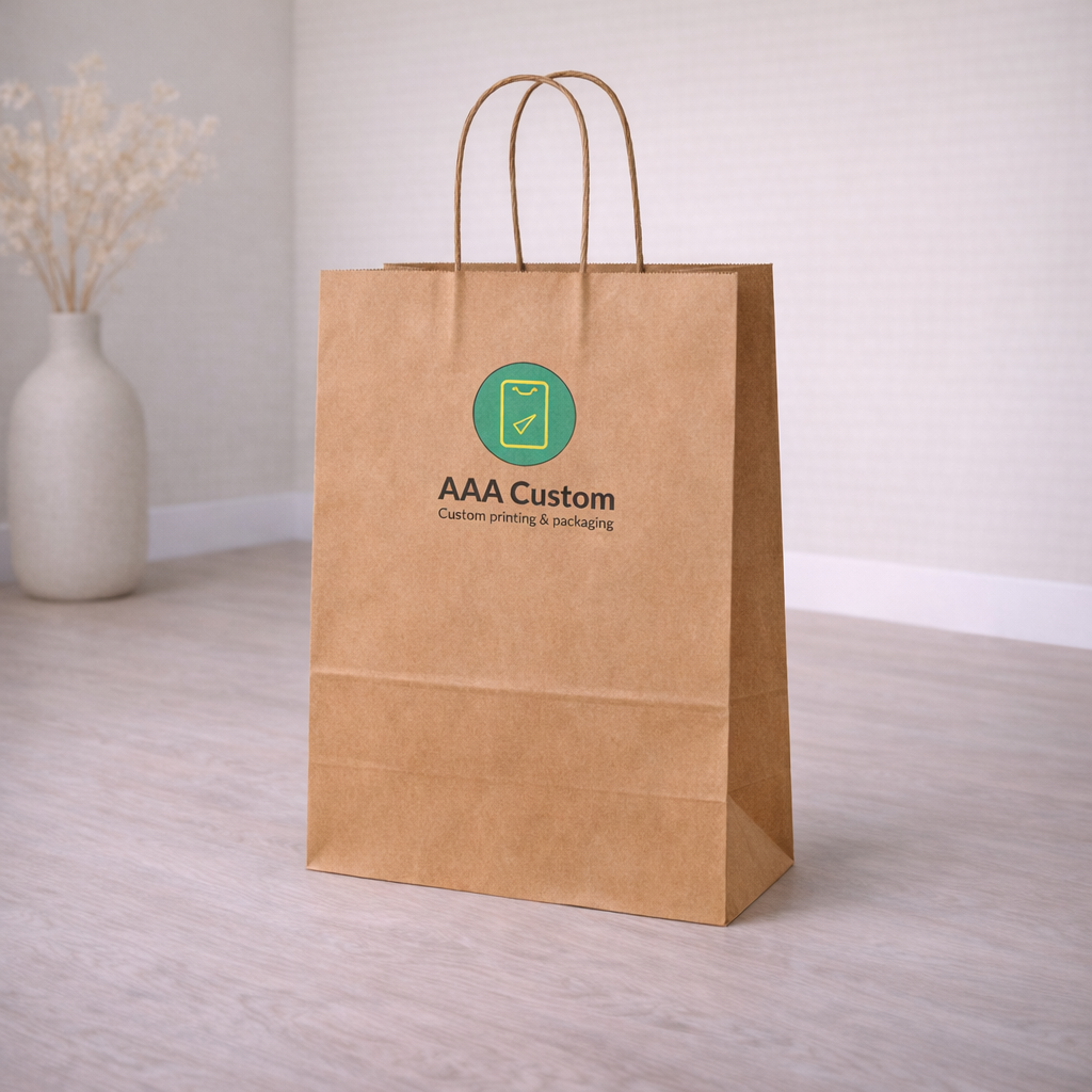 Custom takeout kraft paper bags — 14 x 10 x 15 3/4 in, in use, lifestyle 3
