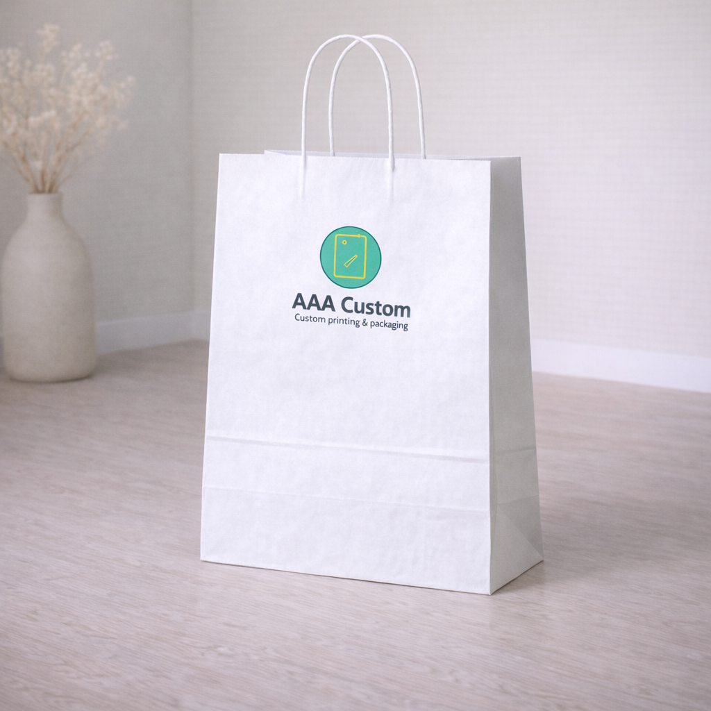 Custom takeout white paper bags — 14 x 10 x 15 3/4 in, in use, lifestyle 3