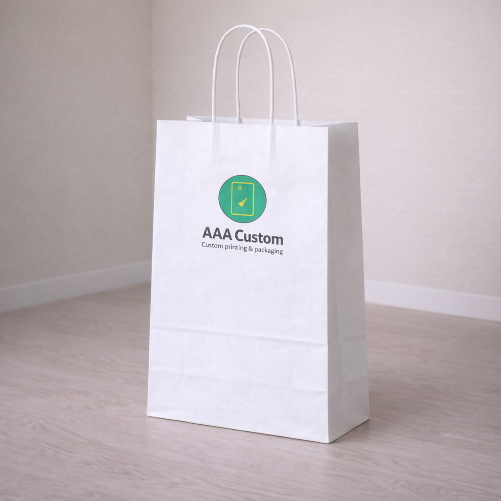 Custom traveler white paper bags — 12 x 9 x 15 3/4 in, in use, lifestyle 1