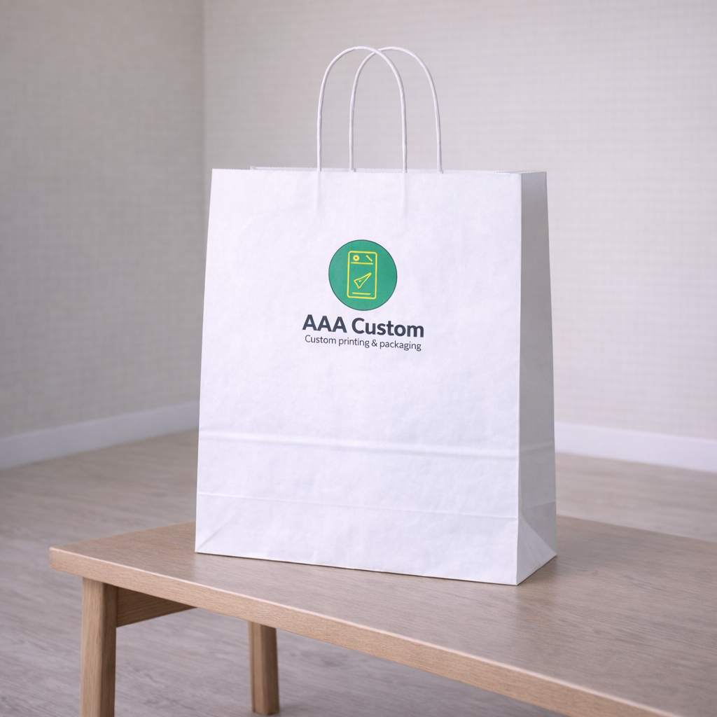 Custom vogue white paper bags — 16 x 6 x 12 in, in use, lifestyle 2