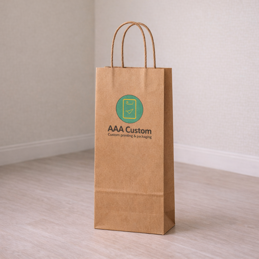 Custom wine kraft paper bags — 6 1/2 x 3 1/4 x 13 in, in use, lifestyle 1