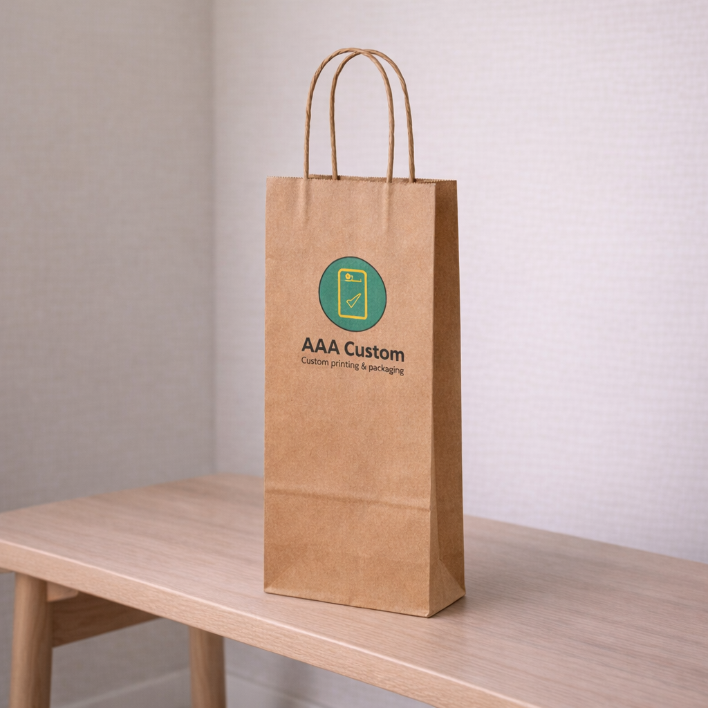 Custom wine kraft paper bags — 6 1/2 x 3 1/4 x 13 in, in use, lifestyle 2