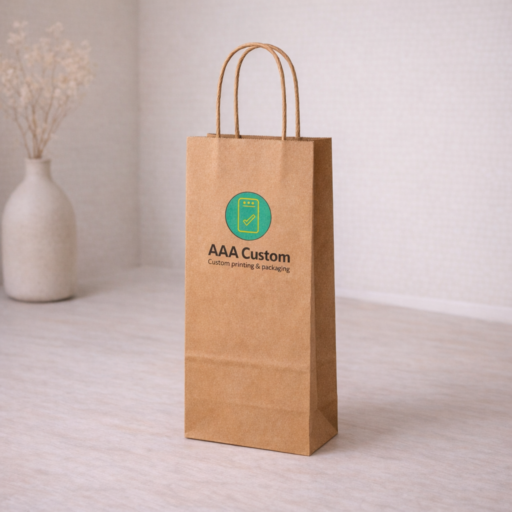 Custom wine kraft paper bags — 6 1/2 x 3 1/4 x 13 in, in use, lifestyle 3