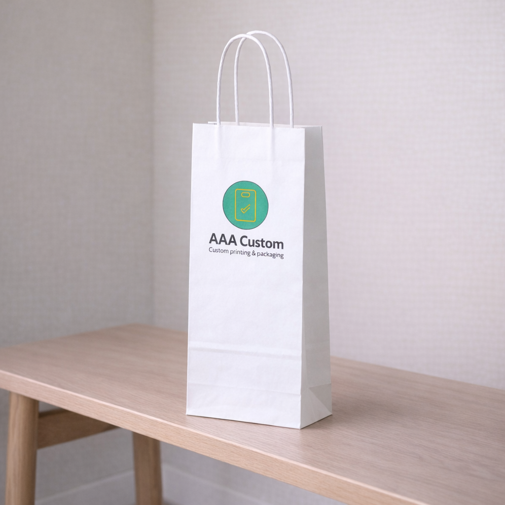 Custom wine white paper bags — 6 1/2 x 3 1/4 x 13 in, in use, lifestyle 2