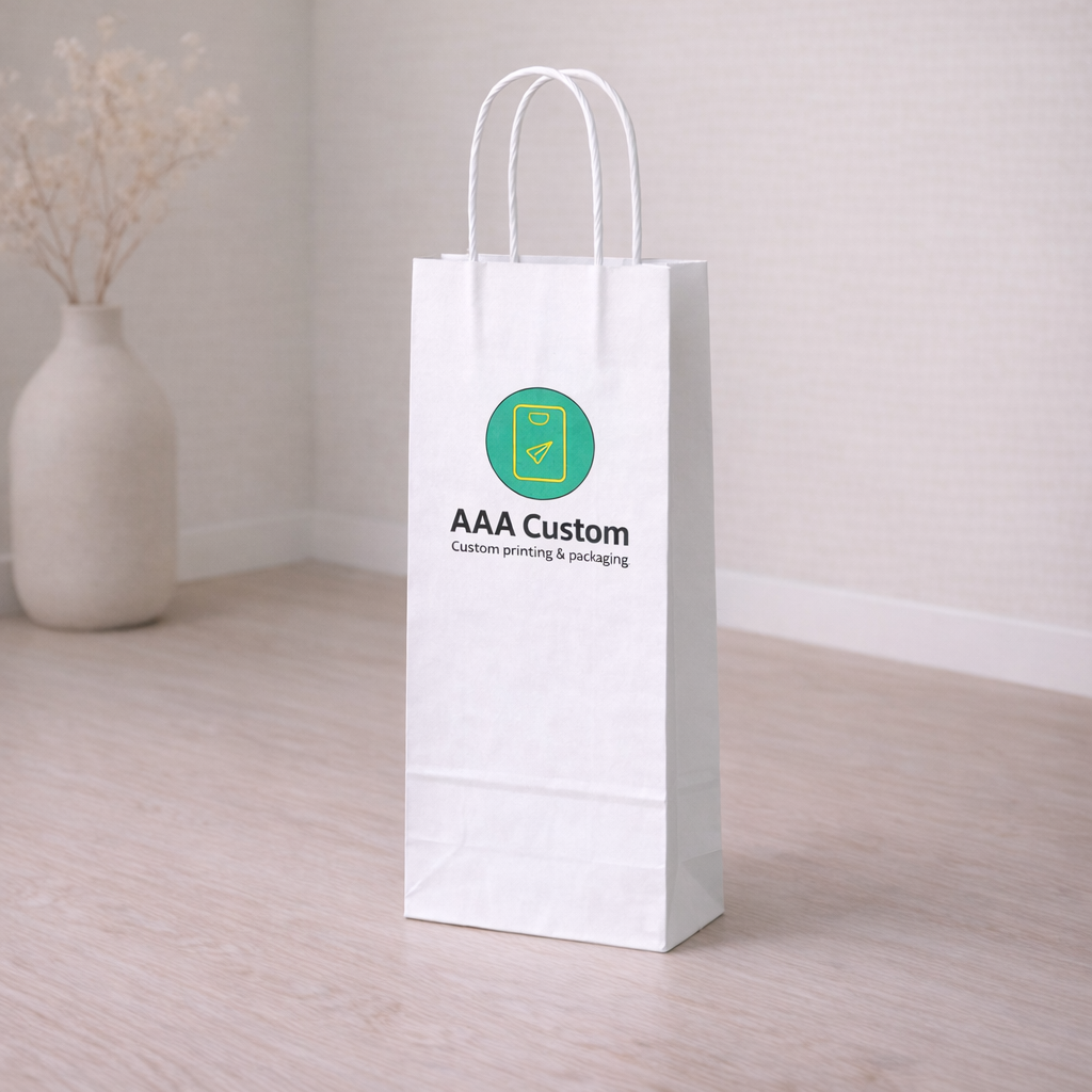 Custom wine white paper bags — 6 1/2 x 3 1/4 x 13 in, in use, lifestyle 3